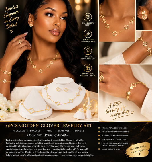 6-Piece Golden Clover Jewelry Set Necklace, Earrings, bracelet, ring & bangle.