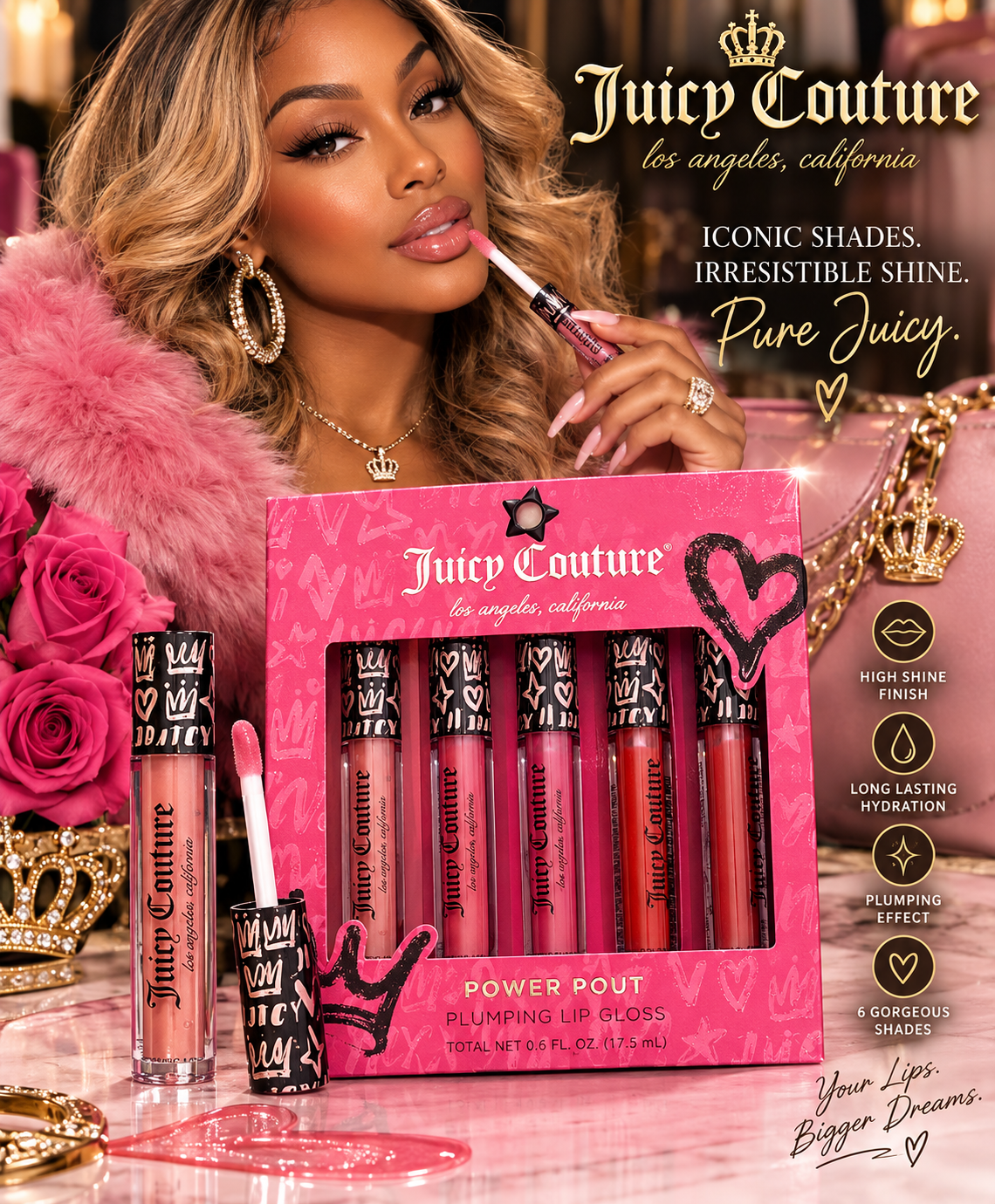 Juicy Couture Power Pout Plumping Lip Gloss Set 6pc Pink New Sealed